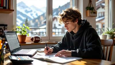 Élève suisse calculant des probabilités à partir de cotes de football sur son cahier de maths