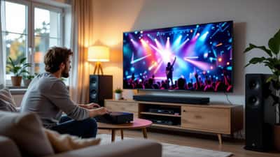Modern hemmabio med stor OLED-TV och soundbar där en digital avatar-rockkonsert visas i vardagsrummet