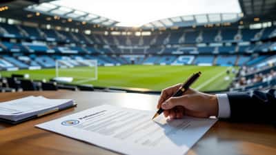 Sports contract signing documents on a desk with a football stadium in the background, 2026 transfer window concept