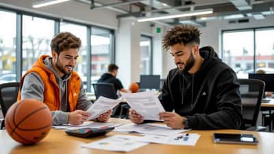 Financial adviser reviewing cross-border pay and tax forms with a young basketball player