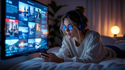 Femme stressée en train de scroller des actualités sur son smartphone la nuit dans un appartement à Lausanne