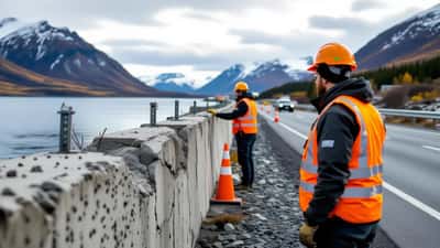 Ingeniør inspiserer sprakket støttemur langs E6 i Nordland, 2026