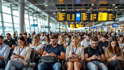 Reisende nutzen ihre Smartphones im vollen Abflugbereich des Flughafens Wien-Schwechat im Sommer 2026