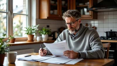 Man granskar testamente och pensionsdokument på köksbord i Stockholm