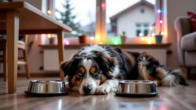 Stressad hund som gömmer sig under ett bord i en Malmö-lägenhet medan festivalljus lyser genom fönstret