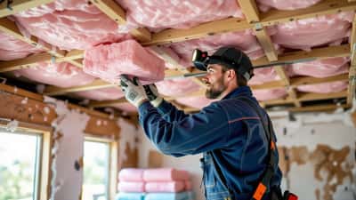 Australian tradesperson installing ceiling insulation batts in a home during the winter solstice 2026