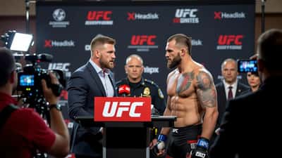 Professional fighters in tense confrontation at UFC press conference podium with security guards stepping in