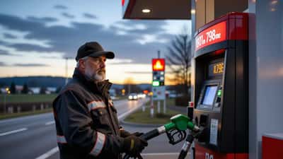 Österreichischer Pendler pumpt Diesel an Tankstelle in Niederösterreich und blickt besorgt auf die Preisanzeige