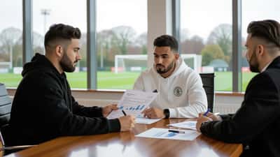Jeune footballeur algérien examinant un contrat avec un conseiller financier dans une salle de réunion d'un club de Premier League en Angleterre