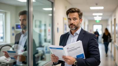 Père anxieux dans un couloir de maternité parisienne tenant un document sur le congé paternité