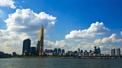 Han River Seoul skyline with high-rise buildings and South Korea's financial district reflected in the water