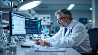 Médecin addictologue examinant un électrocardiogramme dans un cabinet médical parisien