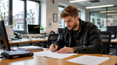 Junger Mann füllt Zivildienst-Formulare in deutschem Behördenbüro aus, Grundgesetz auf dem Schreibtisch