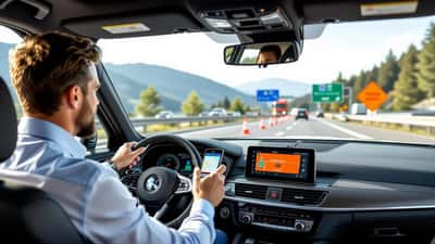 Fahrer kontrolliert Navigations-App auf Smartphone im Auto vor A2-Baustelle auf der Südautobahn