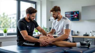 Sportmediziner untersucht Oberschenkel eines Fußballspielers