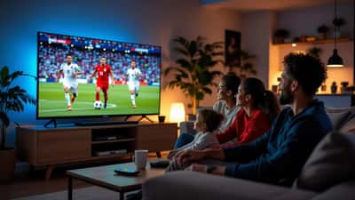 Salon dans la pénombre, des supporters devant un grand téléviseur diffusant le match France-Angleterre