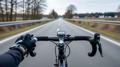 Cykelrytter med GPS-cykelcomputer og powermåler på styret under en landevejsetape i høj fart