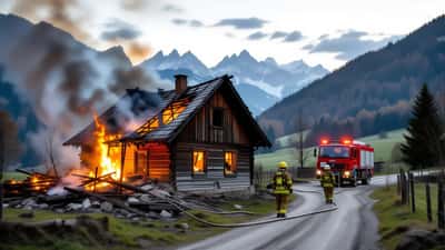 Ausgebranntes Holz-Bauernhaus in Himmelberg mit Feuerwehr im Einsatz