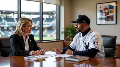 Abogado y jugador de béisbol revisando documentos legales de proceso antidopaje MLB en sala de conferencias