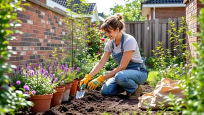 Vrouw plant kleine paarse heideplantjes in een zonnige Nederlandse achtertuin met troffel en tuinpotten