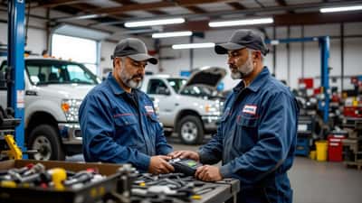 Mecánico latino revisando la presión de los neumáticos de una camioneta en un taller de San Antonio, Texas