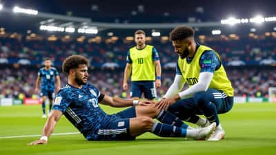 Fußballspieler auf dem Rasen hält verletztes Knie, Sportarzt untersucht ihn, WM 2026