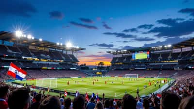 Estadio del Mundial 2026 con banderas internacionales y balón en el campo