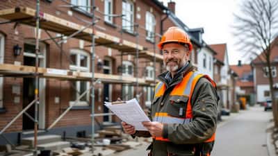 Dansk håndværker gennemgår renoveringsplaner foran murermesterhus i lille dansk by 2026