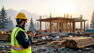 Site supervisor in N95 respirator checks weather radar app at BC construction site with wildfire smoke sky in background