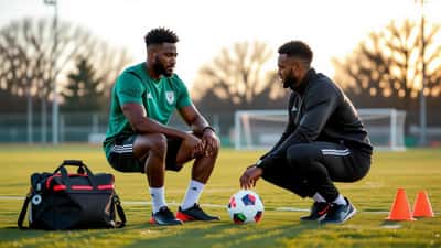 Idrottsläkare undersöker fotbollsspelares hamstringsmuskeln på träningsplanen