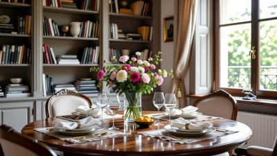 Interno elegante con libreria e tavola apparecchiata, stile lifestyle italiano