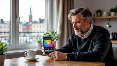 Person kontrollerar väderapp integritetsinställningar på smartphone, GDPR och dataskydd Sverige