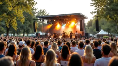 Open-Air-Konzert im Düsseldorfer Park bei Sonnenuntergang, Sommer 2026