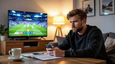 Dansk mand på sofa stirrer bekymret på en sportsbet-app med 0-0 resultat på sin smartphone, notesbog med beregninger på sofabordet