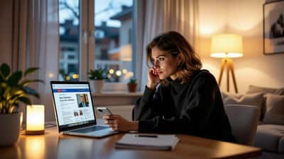 Worried Montreal resident at night examining a fake news website investment scam on a laptop