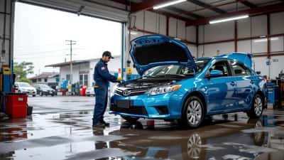Mecânico examinando motor de carro após alagamento causado pelos temporais de setembro em Campinas SP