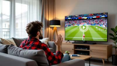 Man frustrated at frozen football stream on smart TV in Canadian living room with WiFi router