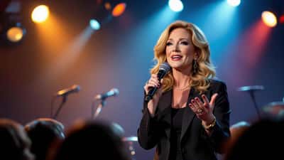 Kathy Griffin performing stand-up comedy on a UK theatre stage in 2026