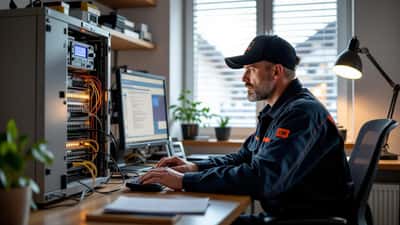Technicien examinant un onduleur UPS et des appareils électroniques après la panne de courant à Bienne le 12 juin 2026