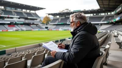 Dirigente de clube de futebol revê documentos de licenciamento FPF nas bancadas de um estádio português