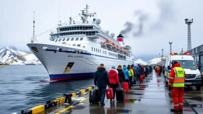 Navire de croisière d'expédition amarré dans un port isolé, passagers descendant la passerelle avec leurs bagages