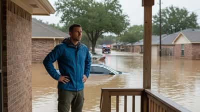 Homeowner surveys flooded suburban Houston street from front porch after flash flood