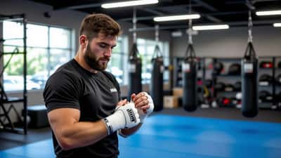 MMA fighter wrapping hands before training session in an Australian combat sports gym