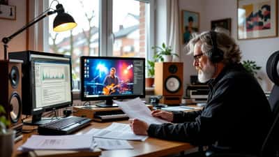 Suomalainen muusikko tarkistaa tekijänoikeusasiakirjoja kotistudiossa televisiosta kuuluvan musiikkiohjelman aikana