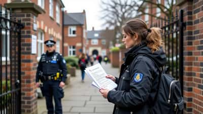 Worried parent outside London secondary school gates checking phone showing social media post, police officer in background