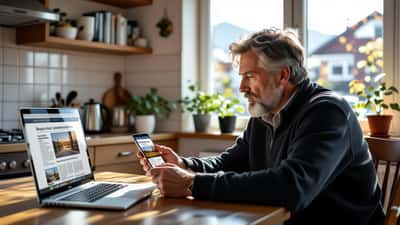 Bekymret mann leser en falsk investeringsannonse som utgir seg for å være en lokalavis på mobil og laptop