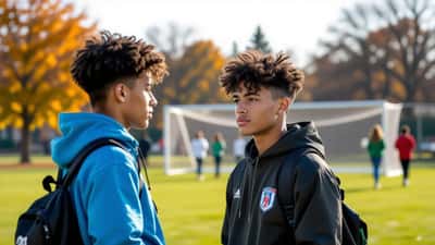 Adolescent en équipement de football assis sur la touche, genou examiné par un entraîneur sportif