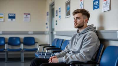 British veteran in civilian clothes sitting in an NHS waiting room, staring at the floor with a distant expression
