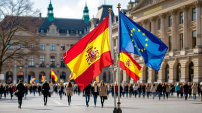Spanische und belgische Flaggen vor dem Europäischen Parlament in Brüssel, 2026
