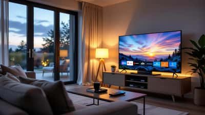 Modern UK living room with television showing a streaming TV guide menu at dusk